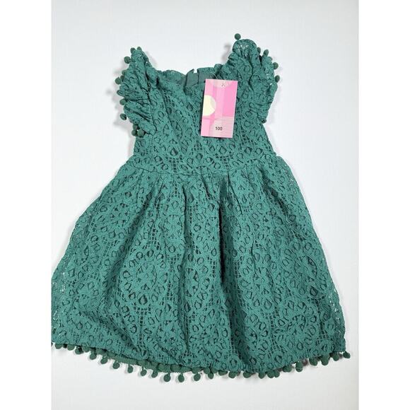 Green Lace Baby Girl Dress Sz 100 Pom Pom Sleeves Formal Party Outfit - Picture 1 of 10